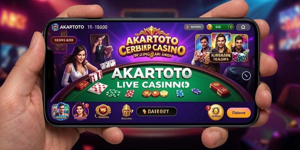 Screenshot gameplay AKARTOTO menunjukkan dealer langsung dan suasana kasino.