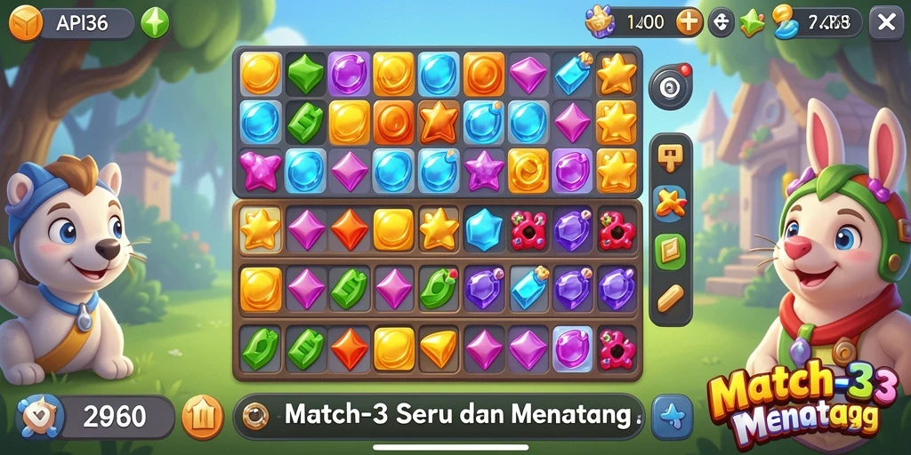Screenshot gameplay API36 menampilkan aksi mencocokkan permata yang menarik.