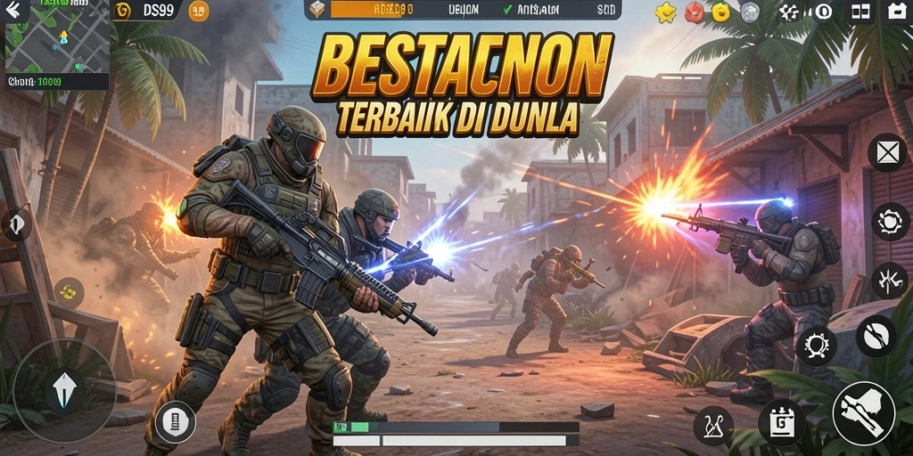 Screenshot gameplay DS99 menampilkan pertarungan epik battle royale.
