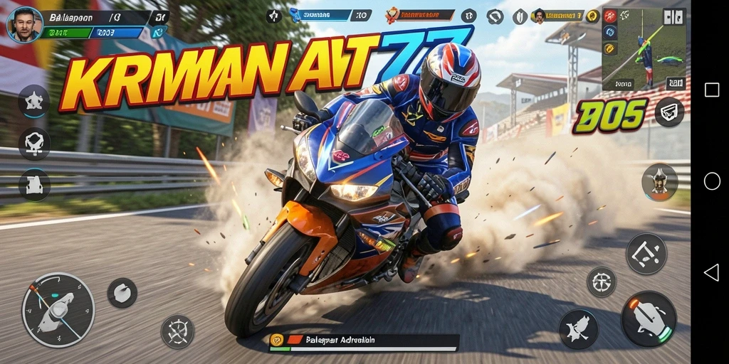 Screenshot gameplay KRAMAT77 menunjukkan aksi balapan motor yang mendebarkan.
