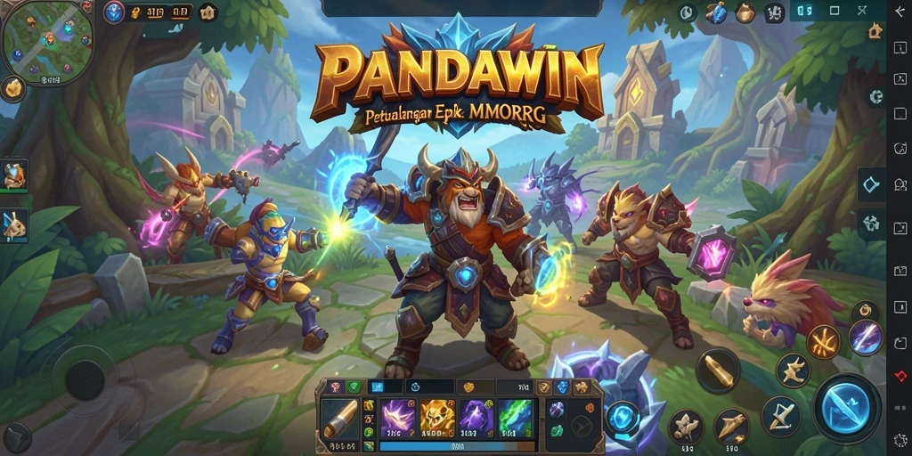 Tangkapan layar PANDAWIN yang menampilkan pertempuran epik di dunia MMORPG.