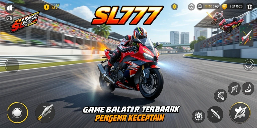 Tampilan gameplay menegangkan dari SL777 saat balapan motor.