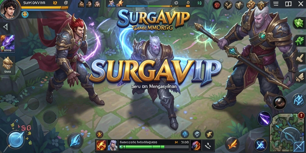 Screenshot gameplay utama SURGAVIP yang menunjukkan aksi pertempuran seru.