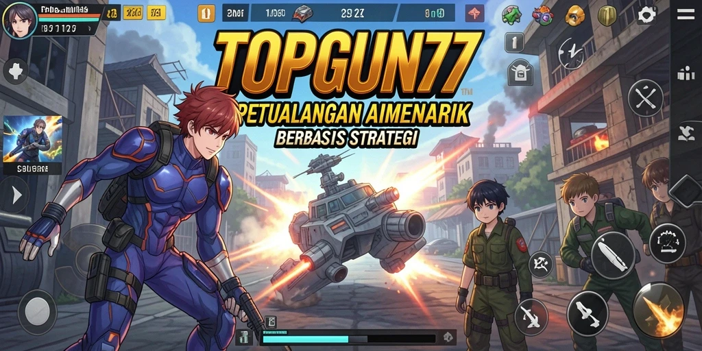 Screenshot gameplay TOPGUN77 menunjukkan pertarungan seru dengan karakter Anime.